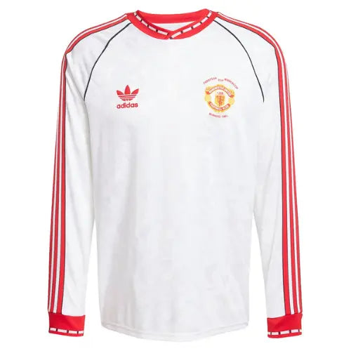 camisa manchester united 1990, manga longa, uniforme histórico da cup winners’ cup, retrô vermelho, sir alex ferguson, futebol inglês, torcedor

