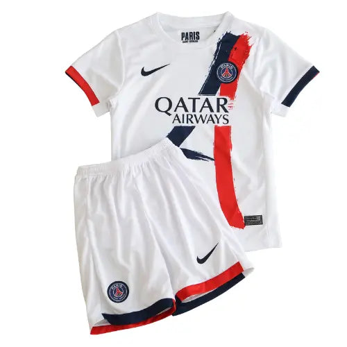 Kit infantil PSG 2024 2025 uniforme reserva, camisa e short com escudo bordado, modelo infantil Paris Saint-Germain, camisa branca PSG infantil, uniforme europeu infantil

