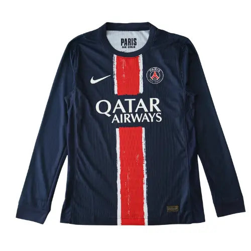 Camisa PSG 2024 2025 manga longa, uniforme titular azul marinho com escudo bordado, camisa Paris Saint-Germain de inverno, modelo com mangas compridas PSG

