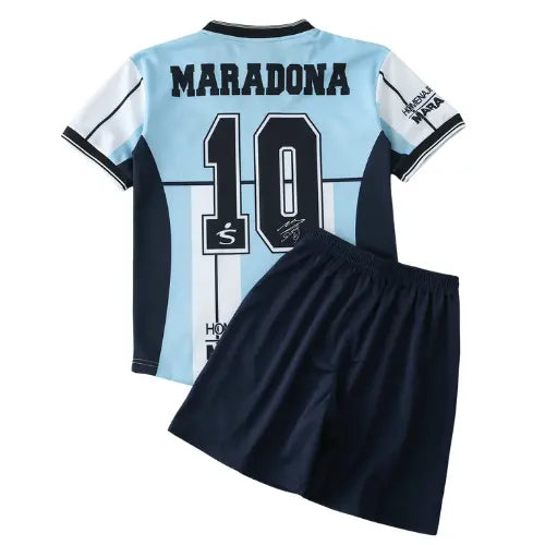 camisa maradona infantil, kit retrô argentina 2001, camisa 10 argentina kids, escudo afa bordado, uniforme celeste e branco, futebol argentino retrô

