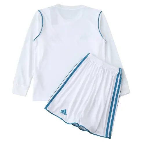 camisa retrô real madrid 2017 infantil, kit manga longa real madrid kids, uniforme champions league 2018, escudo bordado real madrid, camisa branca infantil futebol espanhol