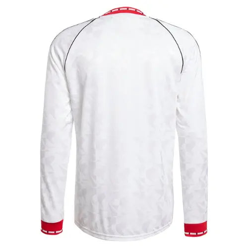 camisa manchester united 1990, manga longa, uniforme histórico da cup winners’ cup, retrô vermelho, sir alex ferguson, futebol inglês, torcedor

