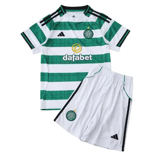 Kit infantil Celtic 2025 2026, camisa listrada verde e branca com escudo bordado, uniforme infantil do Celtic FC, camisa escocesa para crianças, modelo atualizado 25/26

