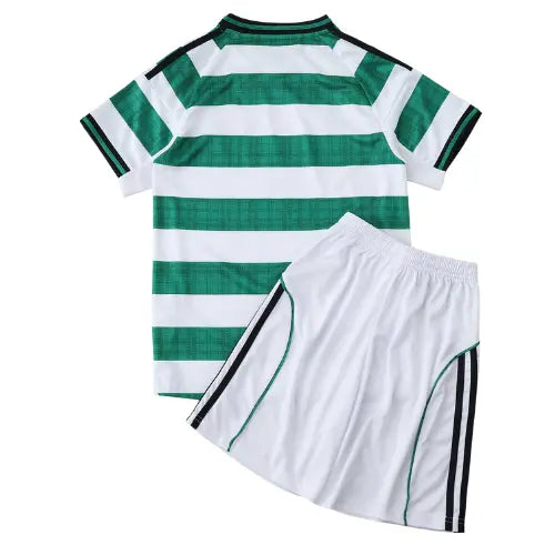 Kit infantil Celtic 2025 2026, camisa listrada verde e branca com escudo bordado, uniforme infantil do Celtic FC, camisa escocesa para crianças, modelo atualizado 25/26

