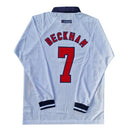 camisa inglaterra 1998 manga longa, retrô copa do mundo, uniforme clássico branco, beckham 7, futebol inglês, torcedor e colecionador

