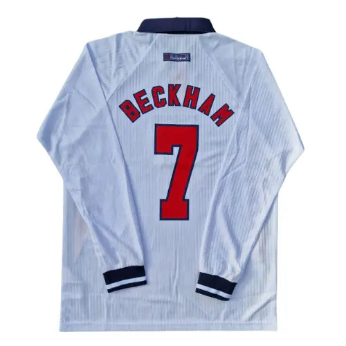 camisa inglaterra 1998 manga longa, retrô copa do mundo, uniforme clássico branco, beckham 7, futebol inglês, torcedor e colecionador

