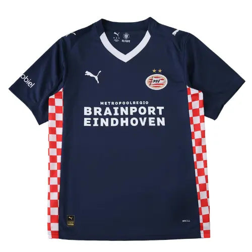 Camisa PSV II 2025 2026, uniforme reserva PSV Eindhoven, escudo bordado, modelo moderno com base escura, camisa alternativa clube holandês

