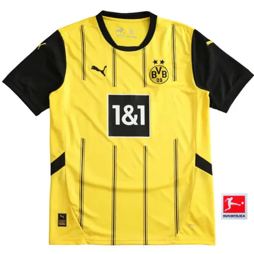 camisa borussia dortmund 2024, camisa torcedor aurinegro, escudo bordado borussia, uniforme principal dortmund, futebol alemão, camisa amarela bvb