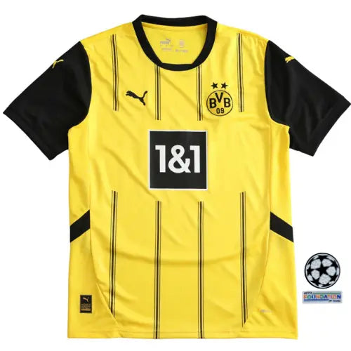 camisa borussia dortmund 2024, camisa torcedor aurinegro, escudo bordado borussia, uniforme principal dortmund, futebol alemão, camisa amarela bvb