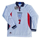 camisa inglaterra 1998 manga longa, retrô copa do mundo, uniforme clássico branco, beckham 7, futebol inglês, torcedor e colecionador

