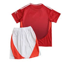 camisa manchester united infantil 2024, uniforme principal red devils, escudo man united bordado, kit torcedor infantil united, camisa vermelha united kids, futebol inglês
