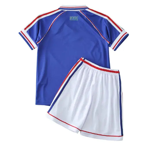 camisa frança 1998 infantil, uniforme retrô copa 98, escudo frança bordado, kit azul frança, camisa infantil futebol francês
