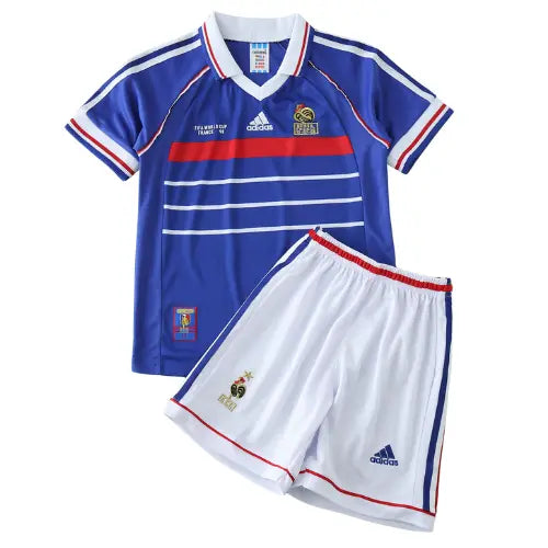 camisa frança 1998 infantil, uniforme retrô copa 98, escudo frança bordado, kit azul frança, camisa infantil futebol francês

